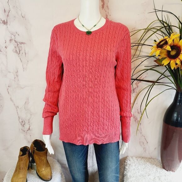 Lands End 100% cotton melon color cable knit sweater - Picture 3 of 7